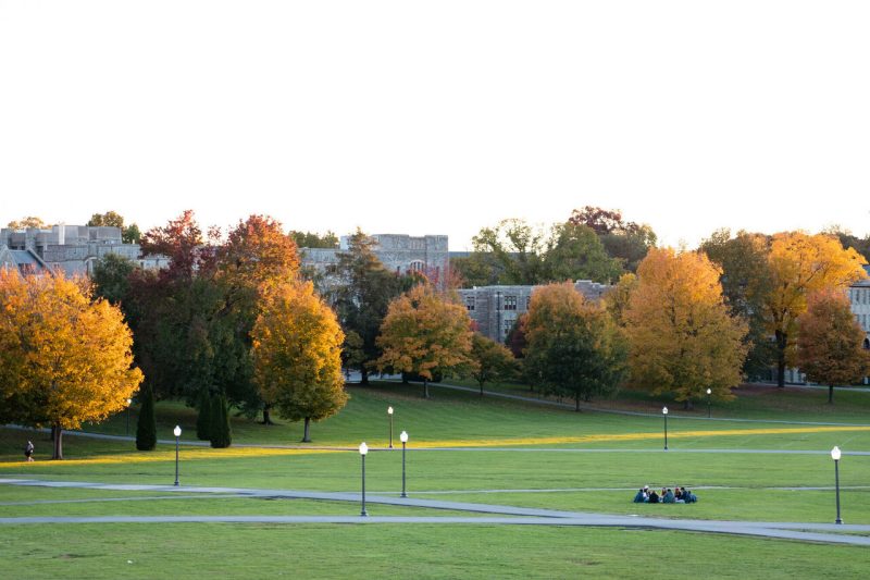 A view of the Drillfield during sunset in the fall. Photo by Christina Franusich for Virginia Tech.