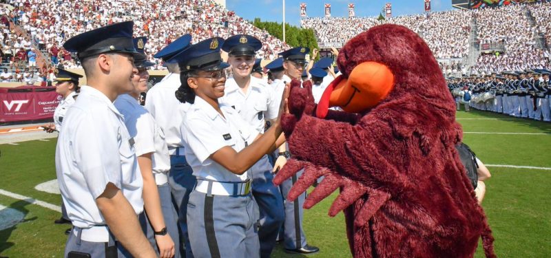 Cadets with the Hokiebird at a VT football game