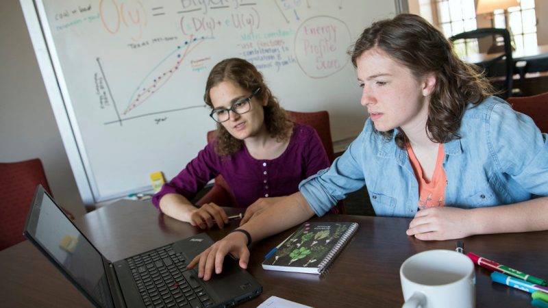 Two Virginia Tech students work together on a laptop with a whiteboard behind them displaying equations and graphs.
